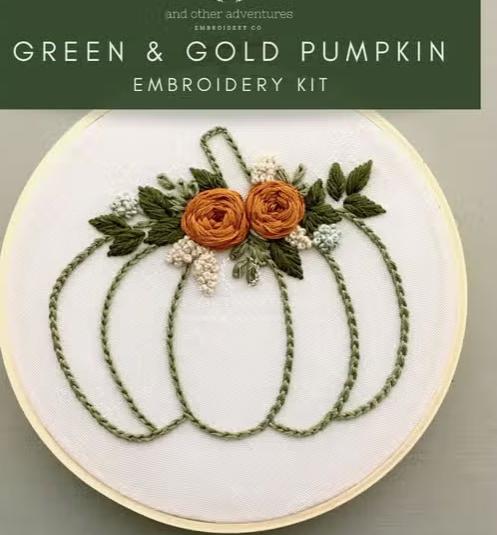 Green & Gold Floral Pumpkin Embroidery Kit